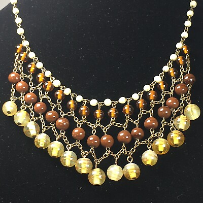 #ad Beaded Bib Dangle Necklace Brown and Yellow Glass Beads 17quot; 20quot; Autumn Colors $20.99
