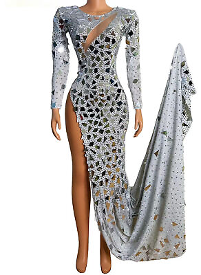 #ad Women Mirror Sequins Long Split Dress Singer Stage Wear Performance Costumes $320.32