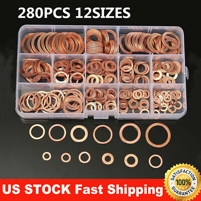 #ad 280 Pcs 12 Sizes Solid Copper Sump Plug Washers Kit Seal Flat Ring Set With Box $23.04