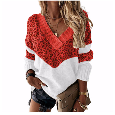 #ad Womens Leopard Sweater V Neck Jumper Long Sleeve Casual Loose Knit Tops Pullover $41.70
