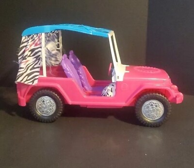#ad Barbie Safari Cruiser Pink Jeep with Zebra Print Fabric Curtains Jungle $25.99