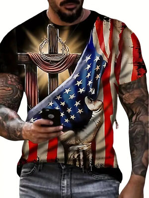 #ad T Shirt USA Flag Christian Cross Casual Short Sleeve Fashion Men Fashion T Shirt $18.86