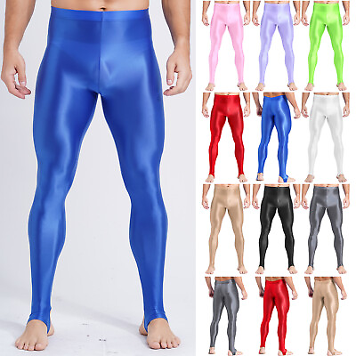 #ad Men Glossy Compression Base Layer Pants Sports Running Workout Activewear Tights $13.01