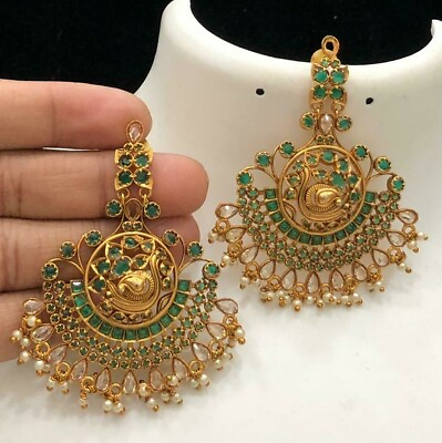 #ad Indian Earrings Matt Gold Plated Bridal Party Real Finish Kasu Green Chandbali $89.99