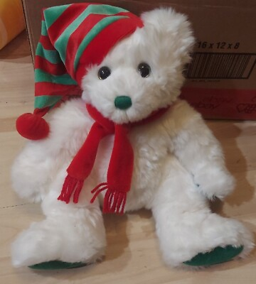 #ad Ty Classic White Teddy Bear MERRY Plush Red Green Stuffed Animal Christmas 2004 $11.00