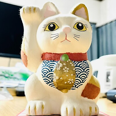 #ad Japanese Lucky Cat Maneki Neko 13cm Seto yaki with Mino washi hand crafted JPN $119.88