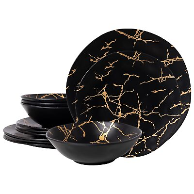 #ad 12pcs Melamine Dinnerware Sets Marble Black Plates and Bowls Set Outdoor Di... $57.84
