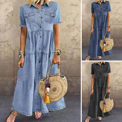 #ad Women Loose Long Maxi Dress Short Sleeve Shirt Dresses Ladies Button Down Work $32.71