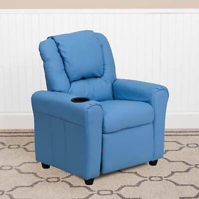 #ad Contemporary Light Blue Vinyl Kids Recliner with Cup Holder and Headrest $143.04