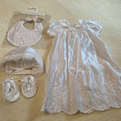 #ad White Satin Christening Gown Hat Booties Bib Embroidered Scalloped Hem Lace 6 9M $39.95