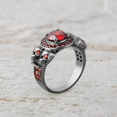 #ad Gothic Vampire Skull Halloween Red Garnet Halo Engagement Wedding Silver Ring $89.04