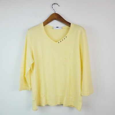 #ad Karen Scott Womens L Citron Aura Yellow Cotton Embellish 3 4 Sleeve Top NWT K15 $9.50
