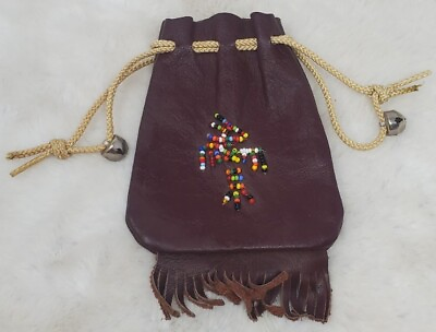#ad Vintage Brown Leather Fringed Marble Medicine Bag Native American Bead Handmade $24.99