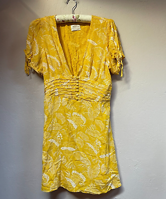 #ad Urban Outfitters Women#x27;s V Neck Floral Mini Dress Sleeve Ties Size Large Yellow $34.03