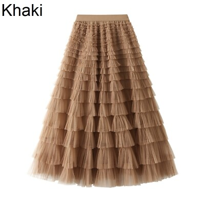 #ad Ladies Layered Ruffled Mesh Skirt Pleated Tiered Tulle High Waist Half Dress Bar $27.71