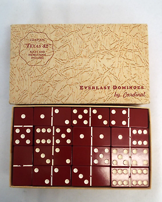 #ad Vintage CARDINAL Everlast Red Dominoes in Box Complete STARS 28 Pieces $75.00