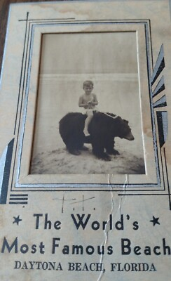 #ad Vtg Bamp;W Photo Kid Riding Bear On Beach World#x27;s Most Famous Daytona Florida $55.00
