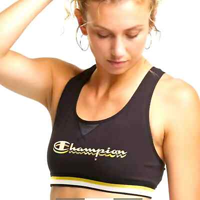 #ad Champion Sports Bra.NWT Black Metallic Gold Logo Cotton Sports Bra Unpadded XL $13.50
