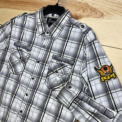 #ad BKE Buckle Shirt Large Gray Pearl Snap Button Long Sleeve Slim Fit Plaid Western $24.99