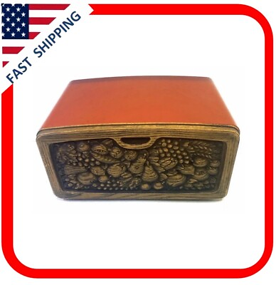#ad Vintage MCM Burlington Harvest Orange Bread Box Faux Wood Grain Excellent Cond $59.00