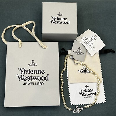 #ad Vivienne Westwood silver tone mini bas relief pearl choker Necklace with Box GBP 35.00