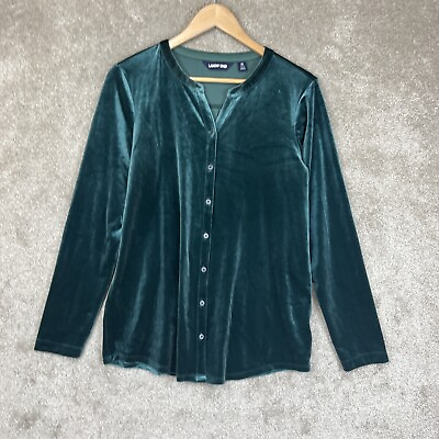 #ad Lands End Shirt Womens Medium Green Velvet Long Sleeve Button Stretch NEW 8813* $21.99