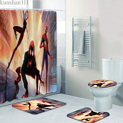 #ad Spider Man Bathroom Set Mats Shower Curtains Non Slip Rugs Toilet Lid Cover Mat $46.54