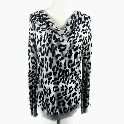 #ad Leopard Print Sweater Medium Gray amp; Black Long Sleeve Scoop Neck **SMALL SLIT $5.78
