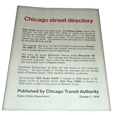 #ad OCTOBER 1976 CHICAGO TRANSIT AUTHORITY STREET DIRECTORY $20.00