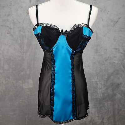 #ad Popsi Lingerie LARGE Nightie Slip Dress Lace Trim Pinup Black Teal Sexy FLAWED $14.99