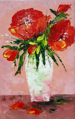 #ad Oil painting 5x8quot;Poppies in a vase.Flower still life.Stylish modern mini art. $29.00