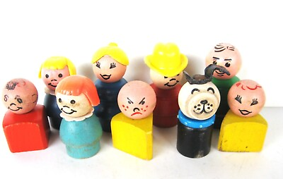 #ad 🐸Vintage Fisher Price Wooden Little People Lot of 9 Dog Cowboy Tringle $25.67