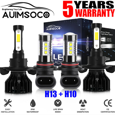#ad 4X H13 H10 LED Headlights Kit Combo Bulbs 6500K High Low Beam Super White Bright $36.99