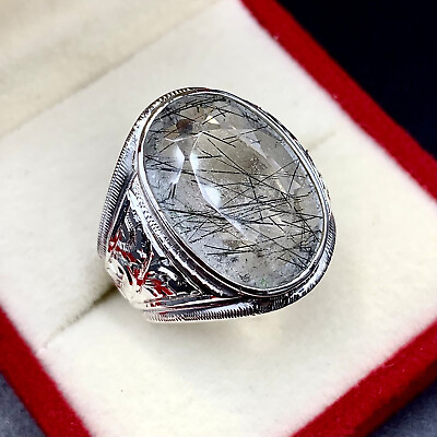 #ad Black Rutilated Quartz Ring MuheNajaf Stone Ring 925 Sterling Handmade Ring $170.00