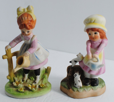 #ad Porcelain Figurines Girl Watering Garden Girl Holding Can with Kittens Lot 2 $7.00
