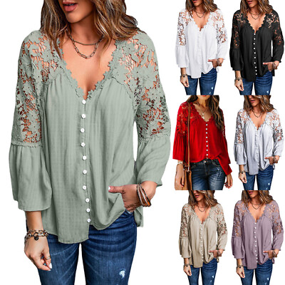 #ad Women#x27;s Lace V Neck T Shirt Loose Casual Blouse 3 4 Sleeve Summer Tunic Tops Tee $18.55
