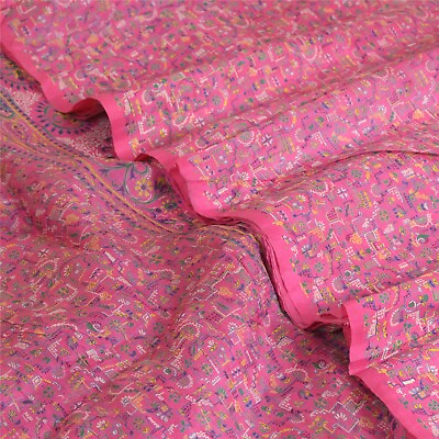 #ad Sanskriti Vintage Sarees Indian Pink 100% Pure Silk Printed Sari Craft Fabric $27.38