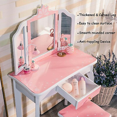 #ad Kids Wooden Play Vanity Set with Vanity Table with Lights Tri Fold Mirror $119.59