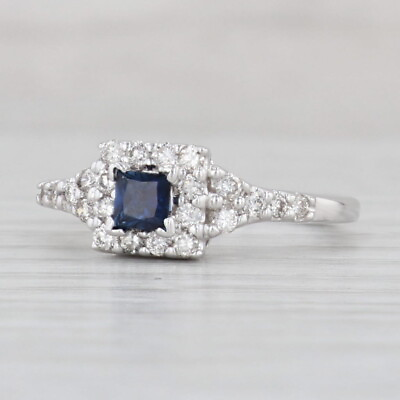 #ad 0.72ctw Princess Sapphire Diamond Halo Ring 14k White Gold Size 7 Engagement $529.99