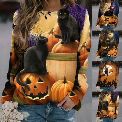 #ad Ladies Leisure Tee Pumpkin Print T Shirt Women Long Sleeve Halloween Loose Tops $21.13
