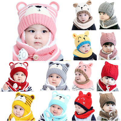 #ad Baby Boy Girl Winter Hat Toddler Bear Ear Cap Beaniess Fleece Hat With Scarf $12.34