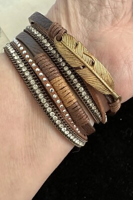 #ad Gold Toned Feather Layered Rhinestones Leather Wrap Bracelet Magnetic Clasp 15” $15.00