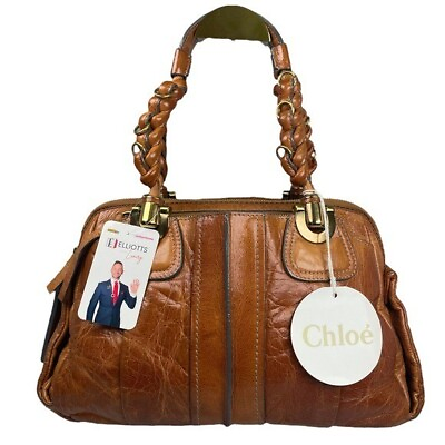 #ad Chloe Brown Leather Brass Woven Zippy Shoulder Purse Bag Medium Satchel $995.00