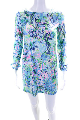 #ad Lily Pulitzer Girls Floral Round Neck Ruffled Long Sleeve Dress Blue Size XL $42.69