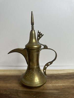 #ad Dallah Arabic Middle Eastern Antique Brass Coffee Tea Pot Made In India 9” Tall $25.00