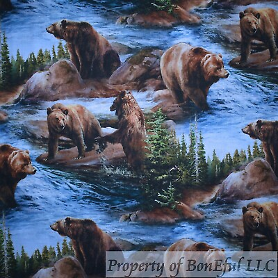 #ad BonEful Fabric FQ Cotton Quilt Blue Water Brown Bear Mountain Scenic Green Tree $5.07