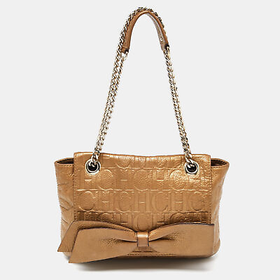 #ad CH Carolina Herrera Gold Monogram Leather Audrey Shoulder Bag $174.30