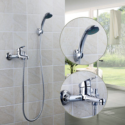 #ad US 2 Ways Water Chrome Bathroom Hand Held Shower Wall Mount Mixer Tap Faucet Set $39.99