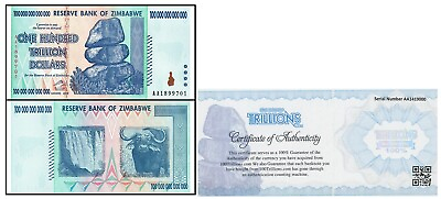 #ad Zimbabwe 100 Trillion Banknote 1 Note AA 2008 P 91 UNC Authenticity Guaranteed $189.99