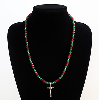 #ad Necklace Beads Of Ruby And D#x27;Emerald Ornate of A Cross Sterling Silver $85.22